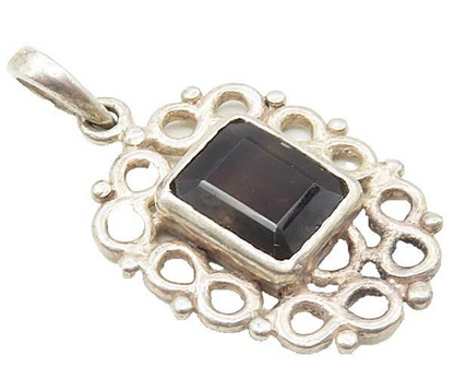 925 Sterling Silver  Vintage Smoky Topaz Infinity Border Drop Pendant  PT7106
