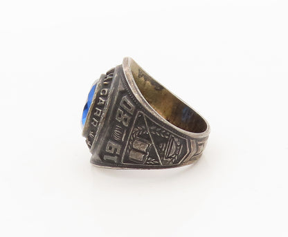 REED & CO. 925 Silver  Vintage Carved Sapphire 1980 School Ring Sz 8  RG27517