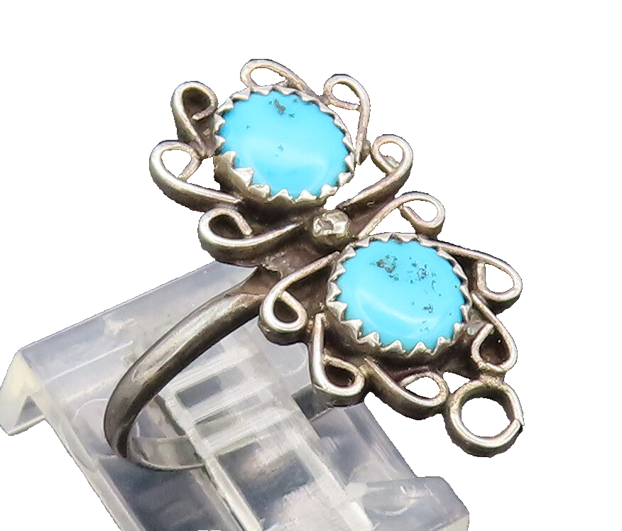 925 Silver Vintage Southwestern Turquoise Swirly Flowers Ring Sz 7 RG27237