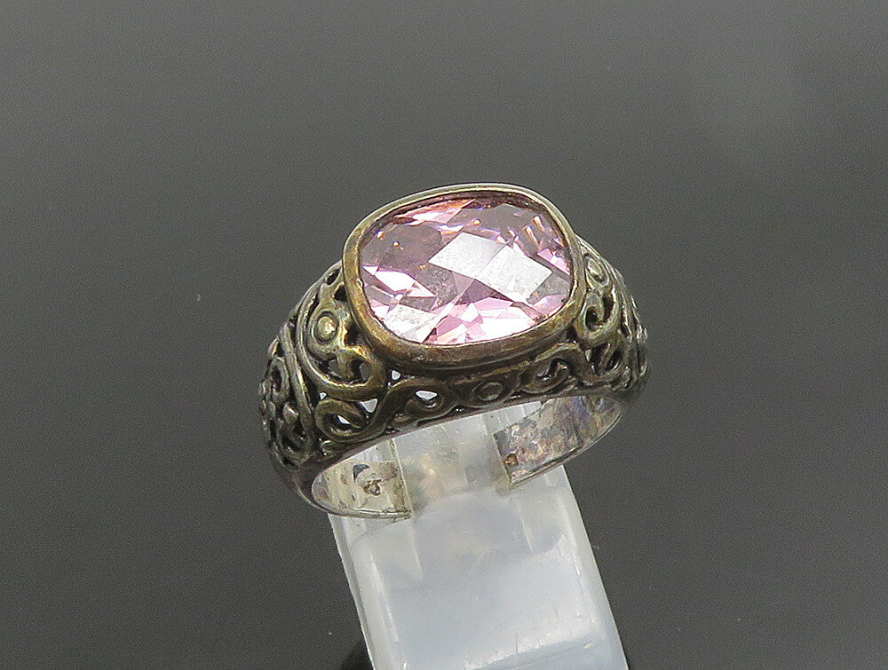 925 Sterling Silver  Vintage Pink Cubic Zirconia Scroll Ring Sz 10  RG24659