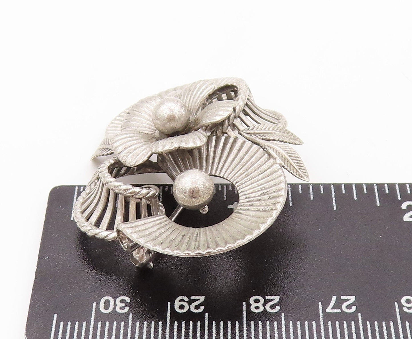 925 Sterling Silver Vintage Brooch Pin VAN DELL Grooved Floral Design  BP11163