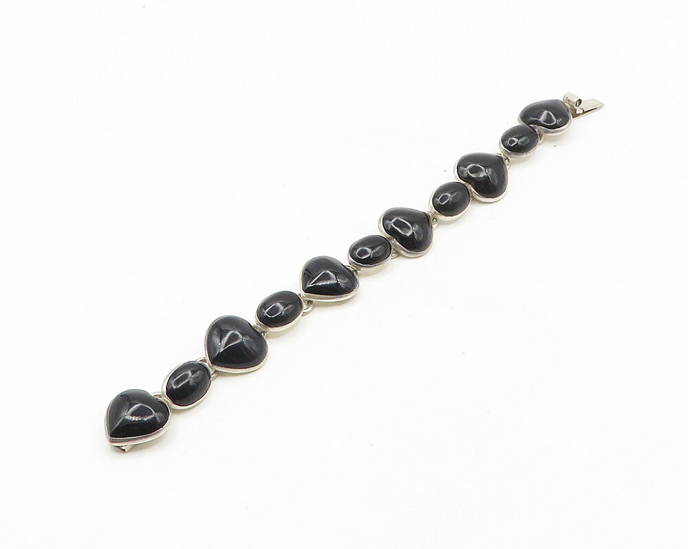 MEXICO 925 Sterling Silver  Vintage Black Onyx Hearts Chain Bracelet  BT7458