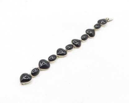 MEXICO 925 Sterling Silver  Vintage Black Onyx Hearts Chain Bracelet  BT7458