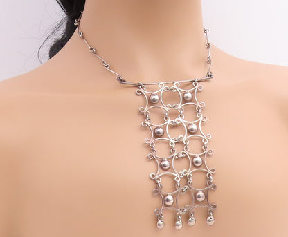 925 Sterling Silver Vintage Necklace Openwork Geometric Lattice Drop  NE4936