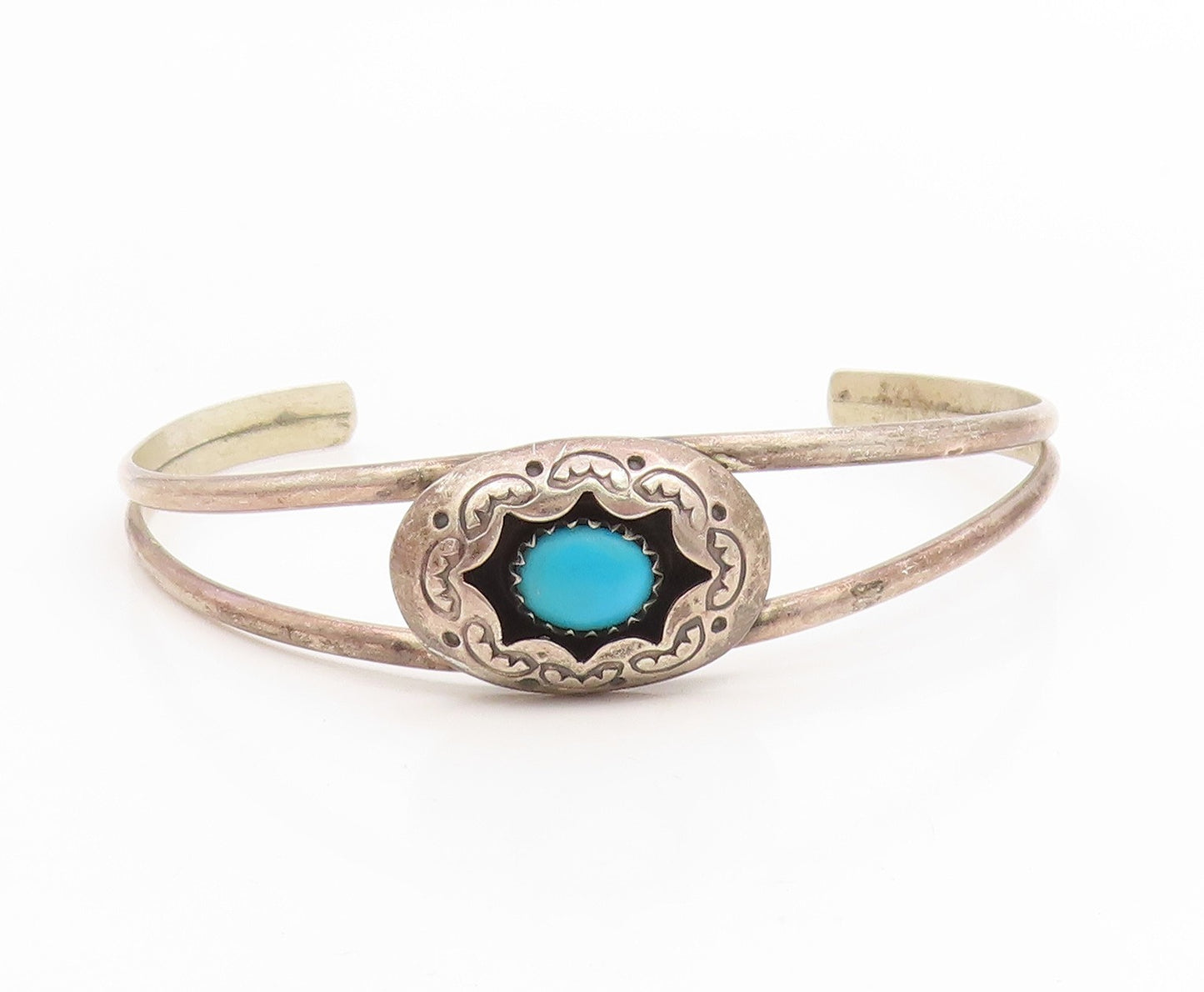 925 Sterling Silver Vintage Bracelet NAVAJO Blue Turquoise Etched Cuff  BT11994