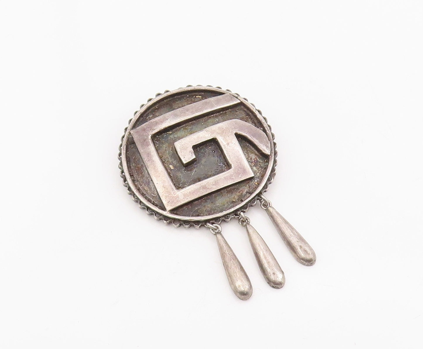 925 Sterling Silver Vintage Brooch Mayan Tribal Round Dangling Pin  BP12250