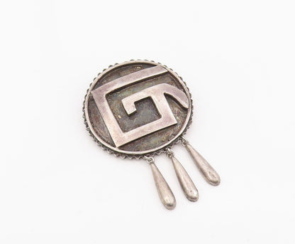 925 Sterling Silver Vintage Brooch Mayan Tribal Round Dangling Pin  BP12250