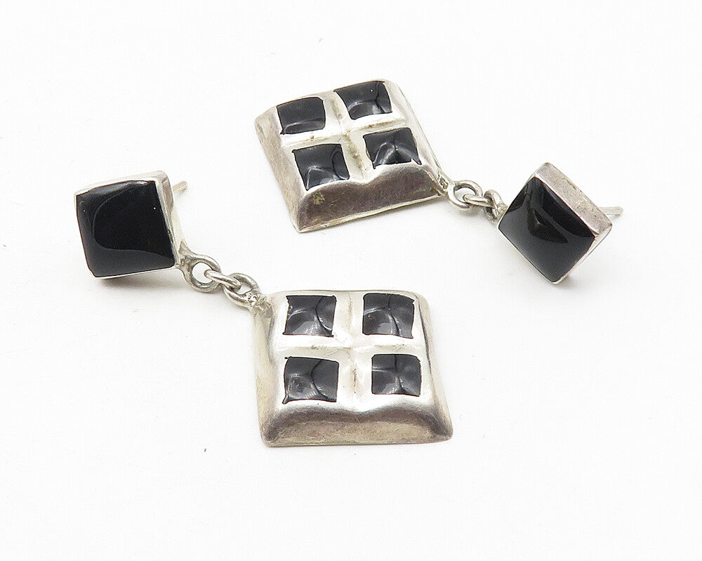 MEXICO 925 Sterling Silver  Vintage Black Onyx Square Dangle Earrings  EG5635