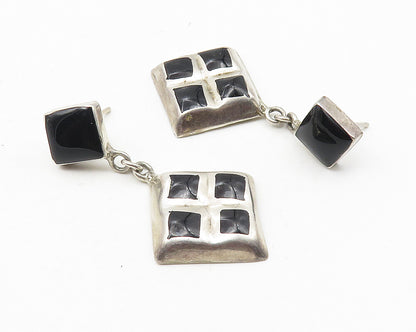 MEXICO 925 Sterling Silver  Vintage Black Onyx Square Dangle Earrings  EG5635