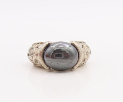 925 Sterling Silver Vintage Ring DAVID SIGAL Carved Oval Hematite Sz 7.5 RG28891