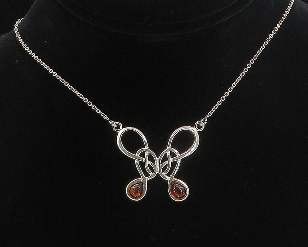 925 Sterling Silver  Cabochon Cut Amber Shiny Knot Chain Necklace  NE1257