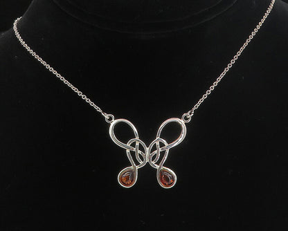 925 Sterling Silver  Cabochon Cut Amber Shiny Knot Chain Necklace  NE1257