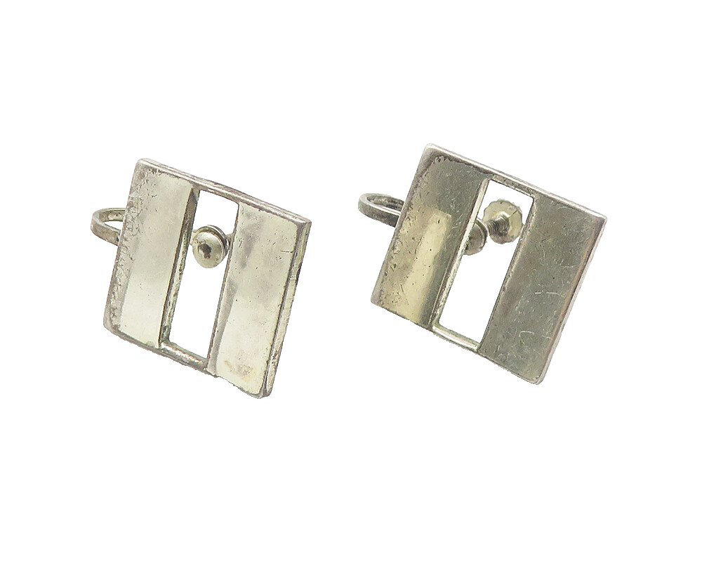 925 Sterling Silver  Vintage Cutout Square Non Pierce Screw On Earrings EG6233