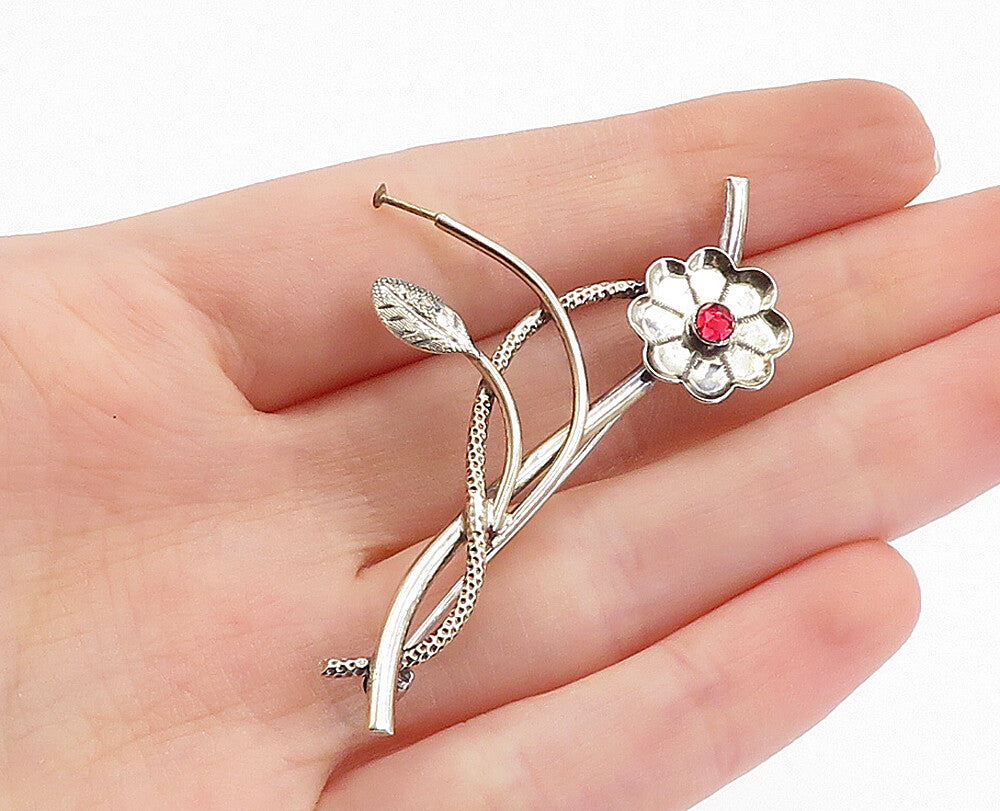925 Sterling Silver  Vintage Red Topaz Shiny Floral Vine Brooch Pin  BP1154