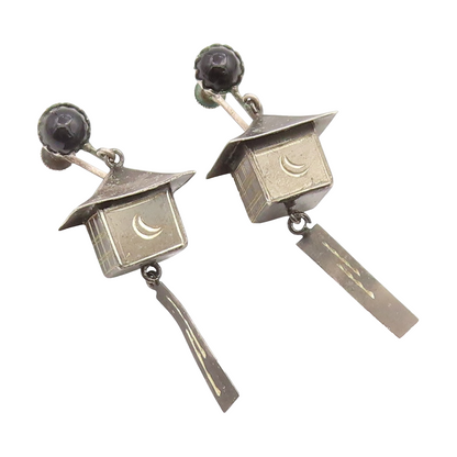 925 Sterling Silver Vintage Earrings JAPAN Onyx Temple Lantern Charm  EG14116