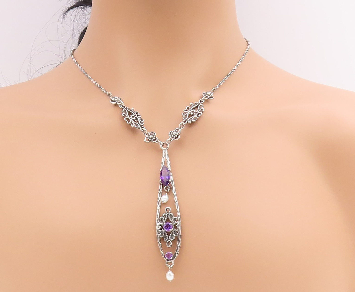 925 Sterling Silver Vintage Necklace Purple Amethyst & Pearl Floral Drop  NE4756