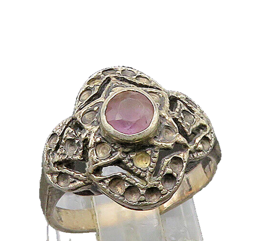 925 Sterling Silver  Vintage Amethyst Flower Dome Band Ring Sz 6  RG22065