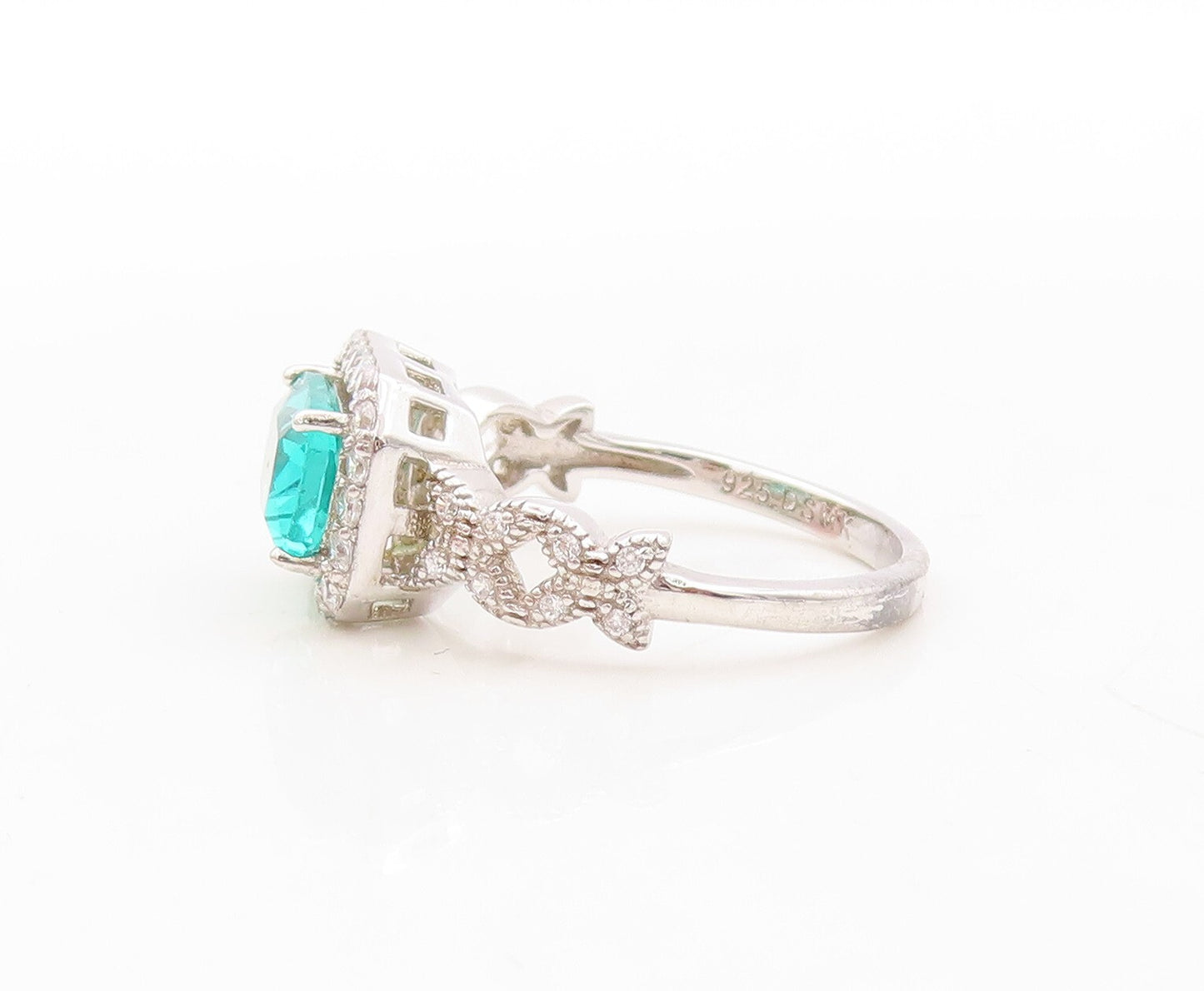 925 Sterling Silver Vintage Ring Designer Sea Blue & White CZ Inlay Sz 7 RG30896