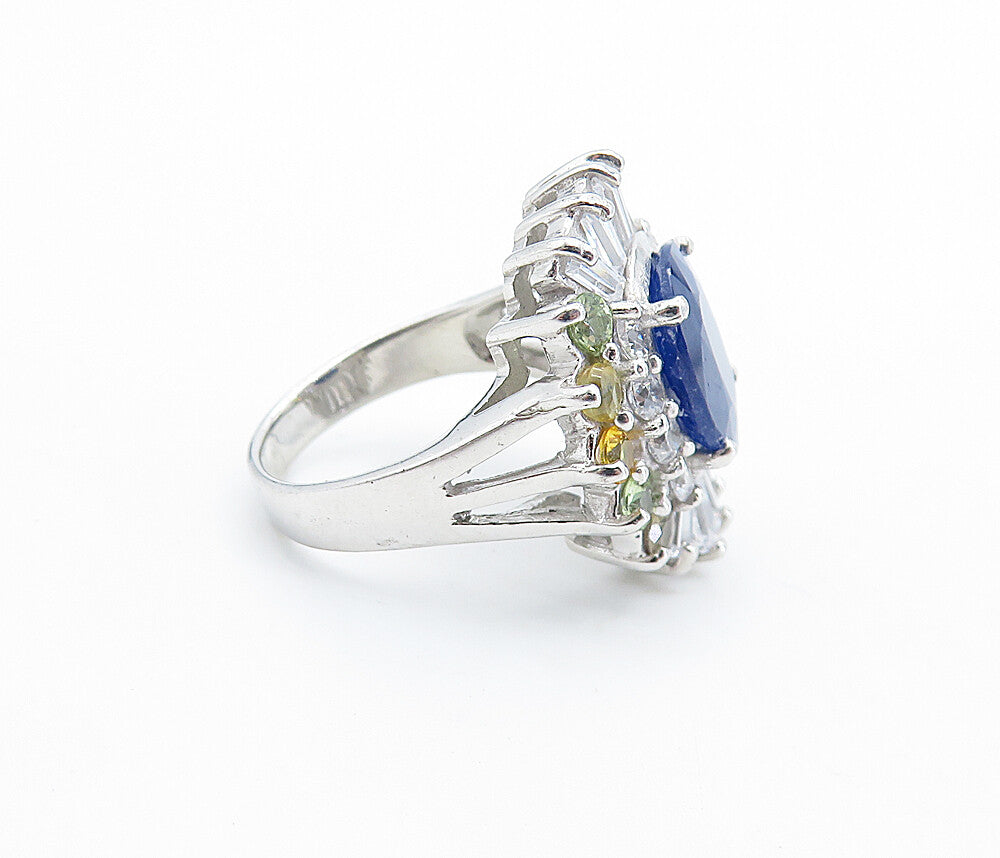 925 Sterling Silver  Sapphire & Cubic Zirconia Cocktail Ring Sz 6  RG7813
