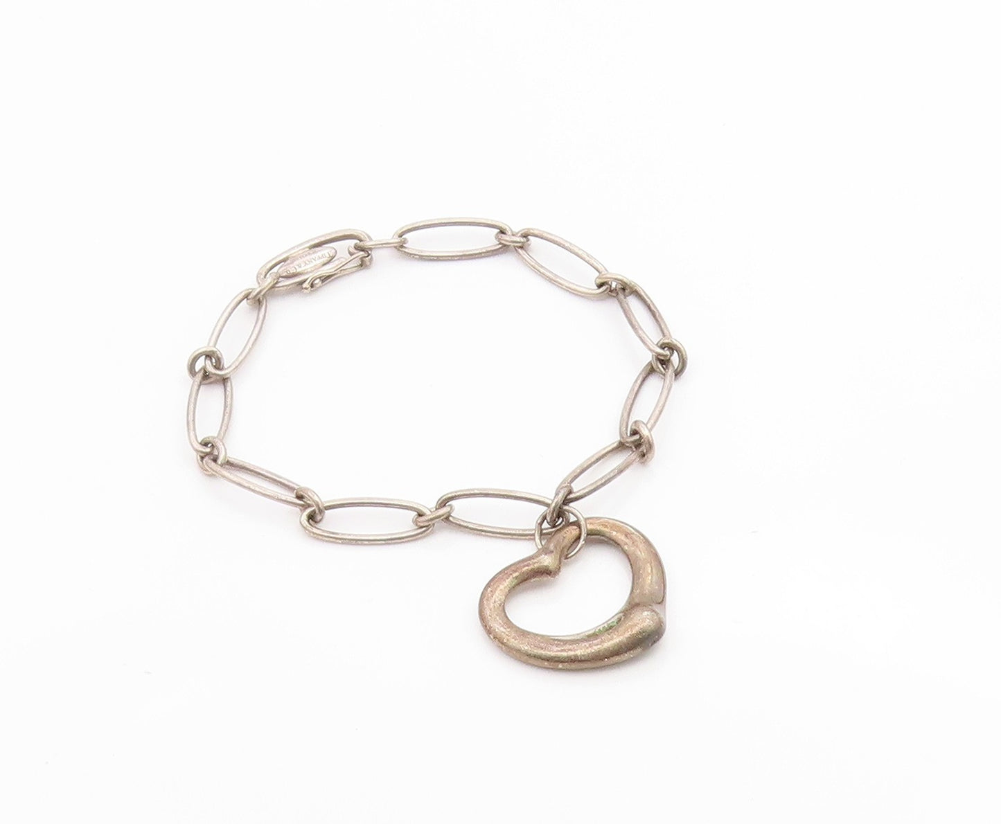 TIFFANY 925 Silver  Vintage Smooth Open Love Heart Chain Bracelet  BT7215