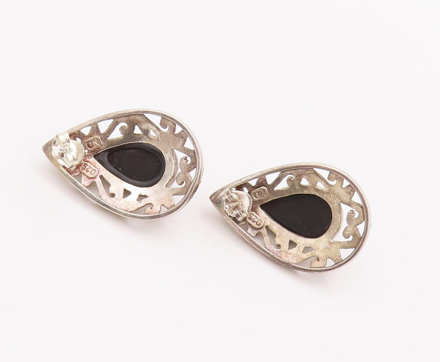 925 Sterling Silver Vintage Earrings Drop Shape Onyx Halo Swirly Carved  EG12958