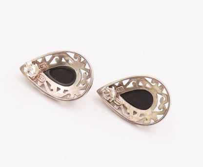 925 Sterling Silver Vintage Earrings Drop Shape Onyx Halo Swirly Carved  EG12958