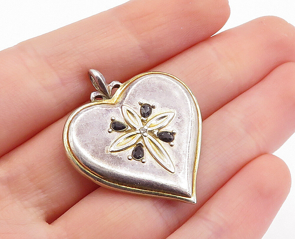 925 Silver  Vintage Sapphire & Genuine Diamond Cross Heart Pendant  PT3679