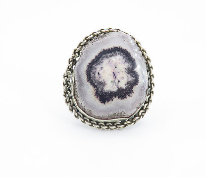 925 Sterling Silver  Vintage Agate Chain Link Border Cocktail Ring Sz 6 RG8126