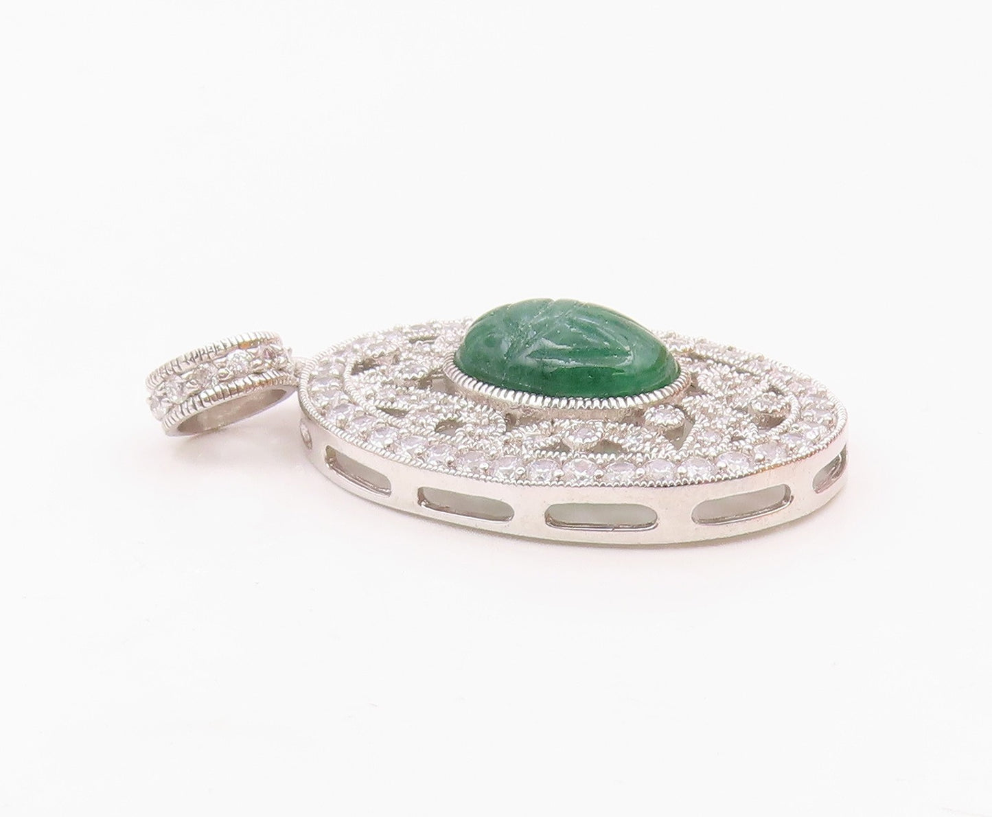 925 Sterling Silver  Vintage Carved Jade & Cubic Zirconia Pendant  PT20048