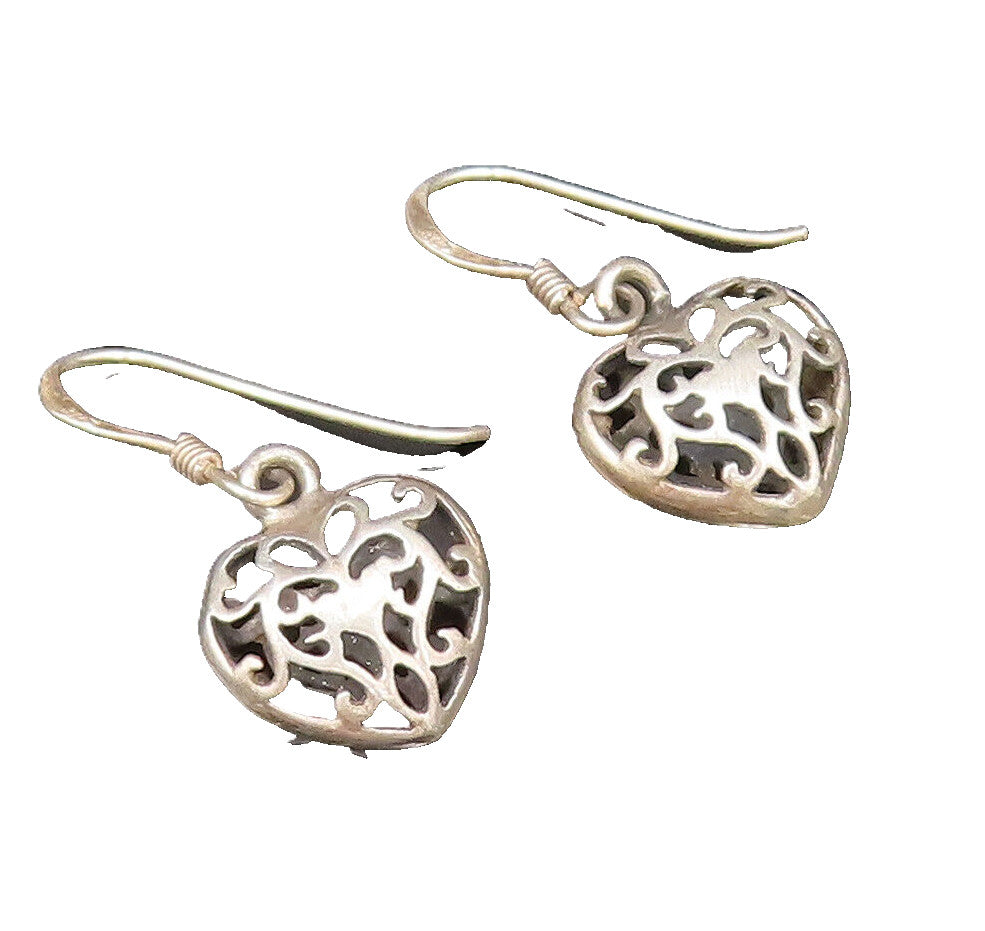 925 Sterling Silver  Vintage Open Scroll Love Heart Dangle Earrings  EG11704