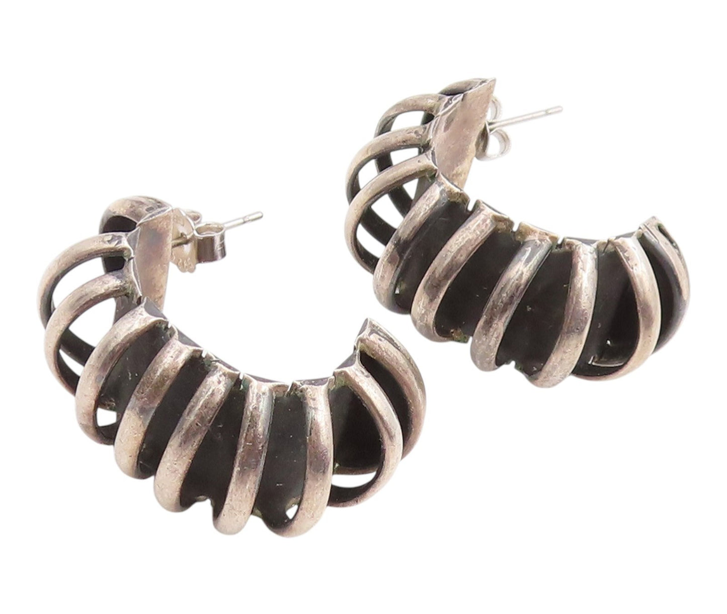 925 Sterling Silver Vintage Earrings MEXICO Classic Ribbed Wide Hoops  EG14264