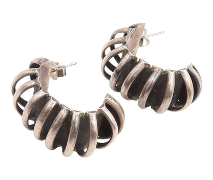 925 Sterling Silver Vintage Earrings MEXICO Classic Ribbed Wide Hoops  EG14264