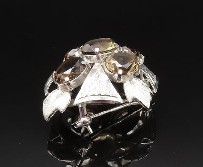 925 Sterling Silver  Vintage Smoky Quartz Leaf Fidget Dome Brooch Pin  BP9648