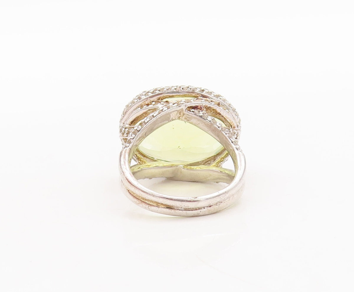 925 Sterling Silver Vintage Ring Large Oval Cut Lime Quartz & CZ  Sz 7  RG29471