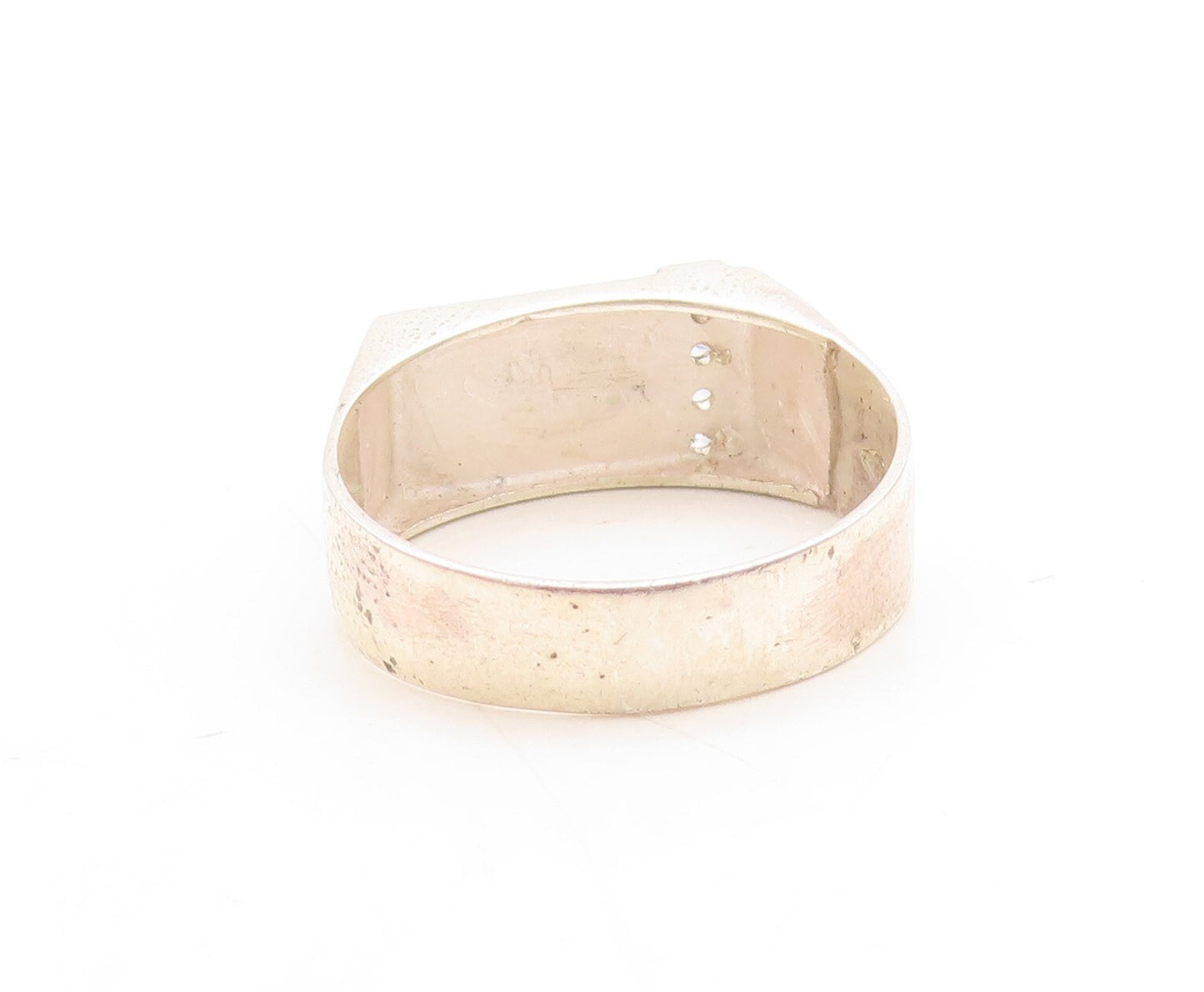 14k Gold 925 Sterling Silver Vintage Ring Carved F CZ Inlay  Sz 11.5  RG31523