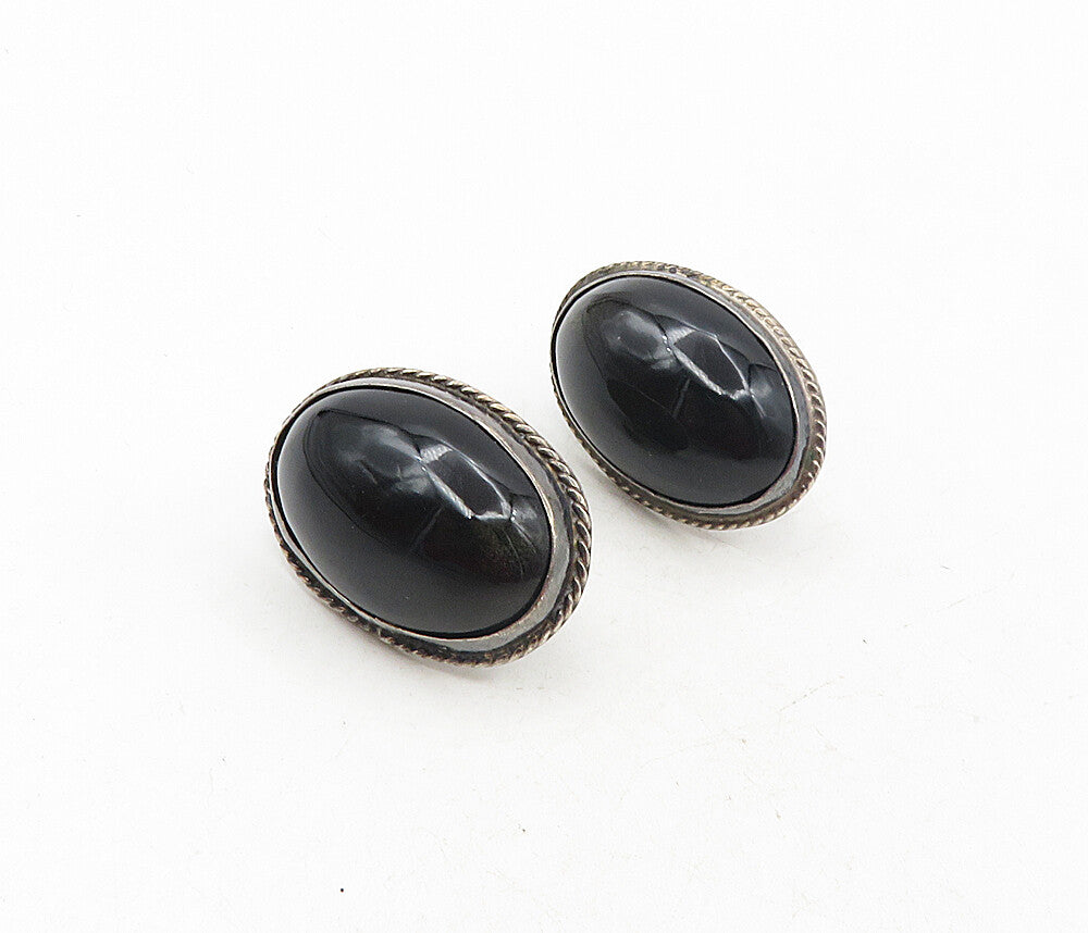 925 Sterling Silver  Vintage Cabochon Black Onyx Non Pierce Earrings  EG4767