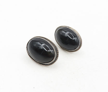 925 Sterling Silver  Vintage Cabochon Black Onyx Non Pierce Earrings  EG4767