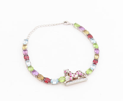 925 Sterling Silver Vintage Bracelet Multi Gemstone & CZ Wild Leopard  BT11550