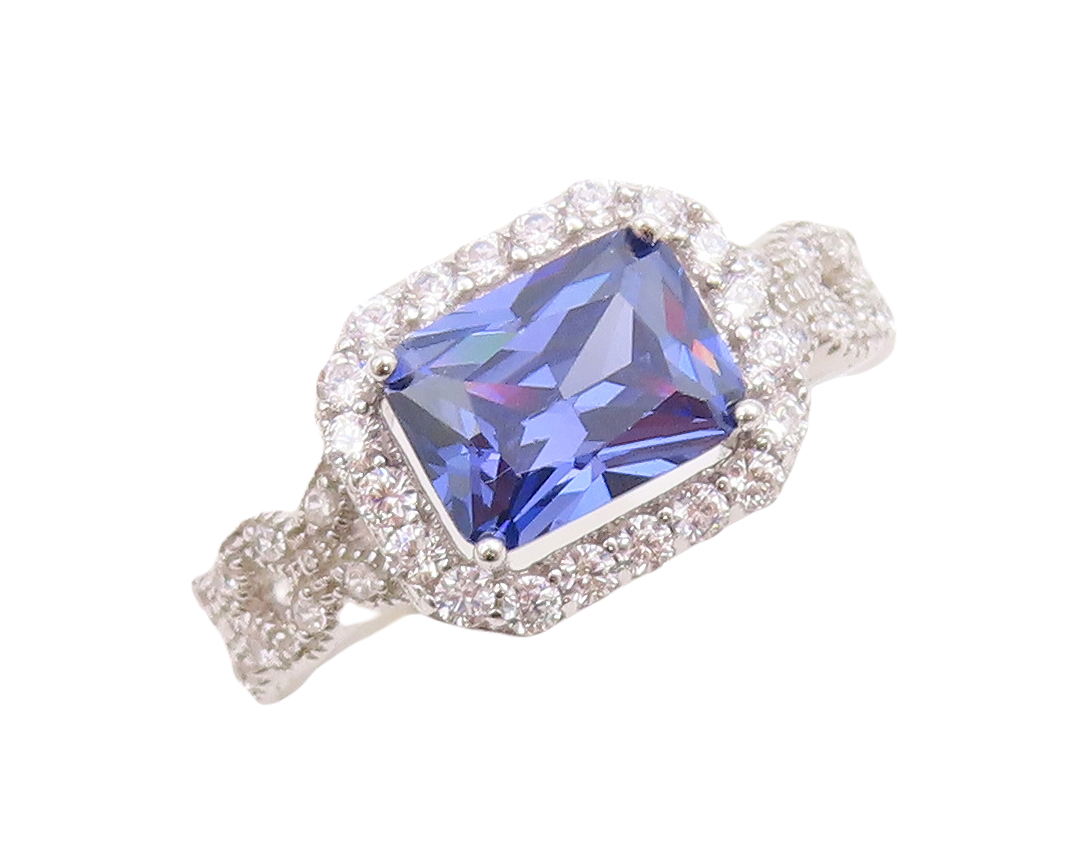 925 Sterling Silver Vintage Ring Designer Rectangle Sapphire & CZ Sz 7  RG30984