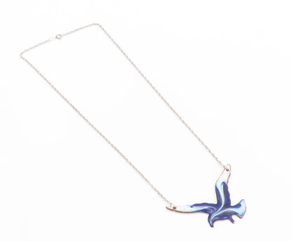925 Sterling Silver Vintage Necklace Designer Blue & White Enameled Bird  NE4573