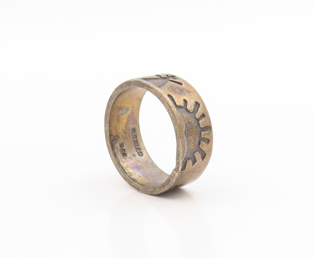 925 Sterling Silver Vintage Ring MEXICO Tribal Sunburst Wide Band Sz 8.5 RG33967
