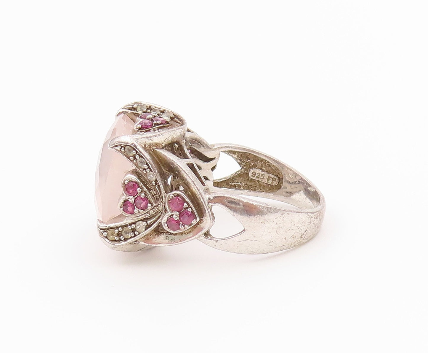 925 Sterling Silver Vintage Ring Rose Quartz & Ruby Statement Band Sz 9 RG36432