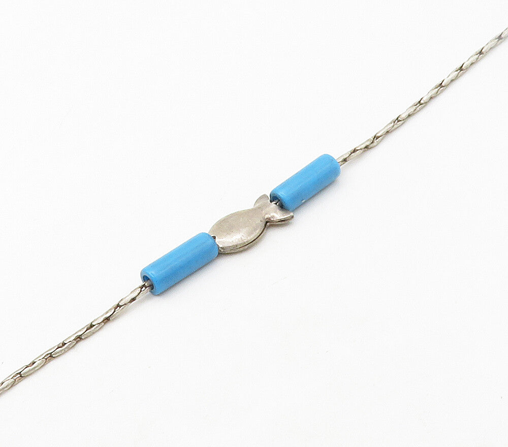925 Sterling Silver  Vintage Turquoise Barrel Bead Fish Chain Bracelet  BT6567