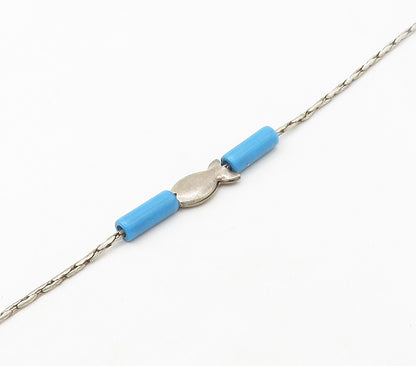 925 Sterling Silver  Vintage Turquoise Barrel Bead Fish Chain Bracelet  BT6567