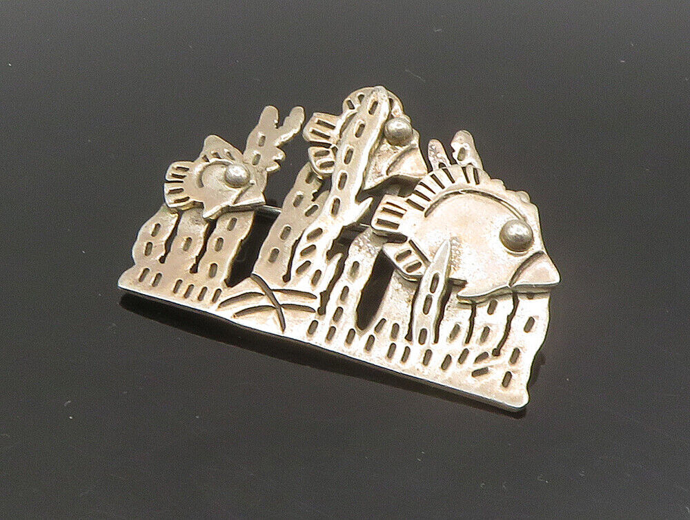 MEXICO 925 Sterling Silver  Vintage Underwater Fish Scene Brooch Pin  BP9311