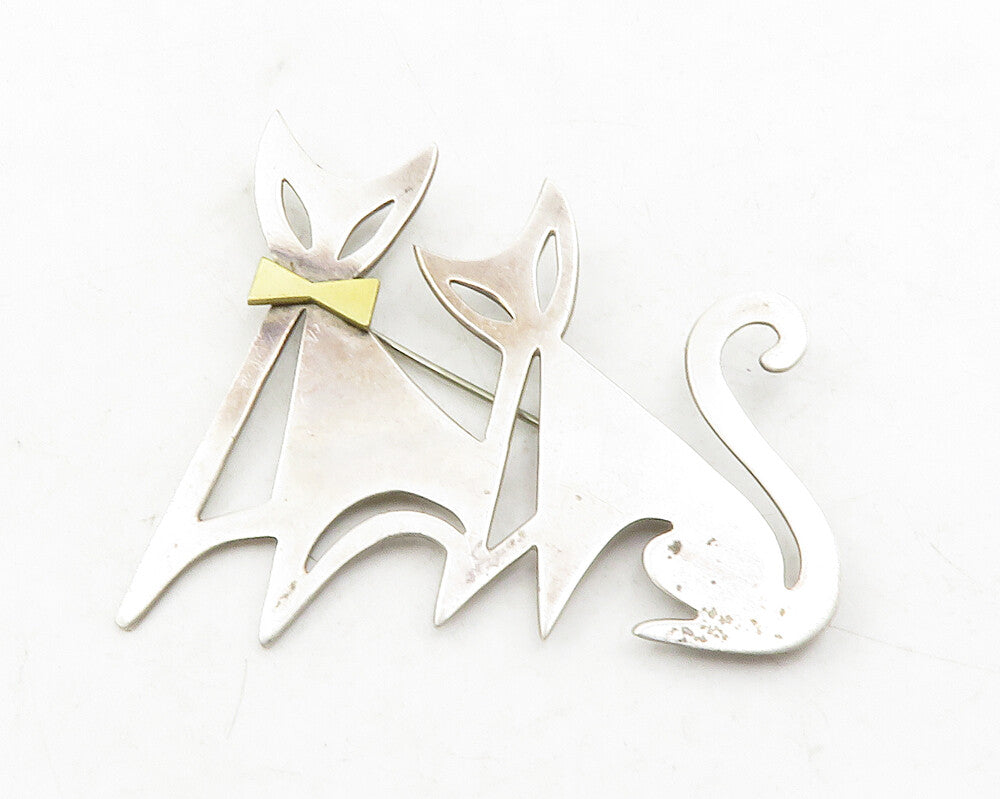 MEXICO 925 Sterling Silver  Vintage 2 Tone Triple Cat Motif Brooch Pin  BP4626