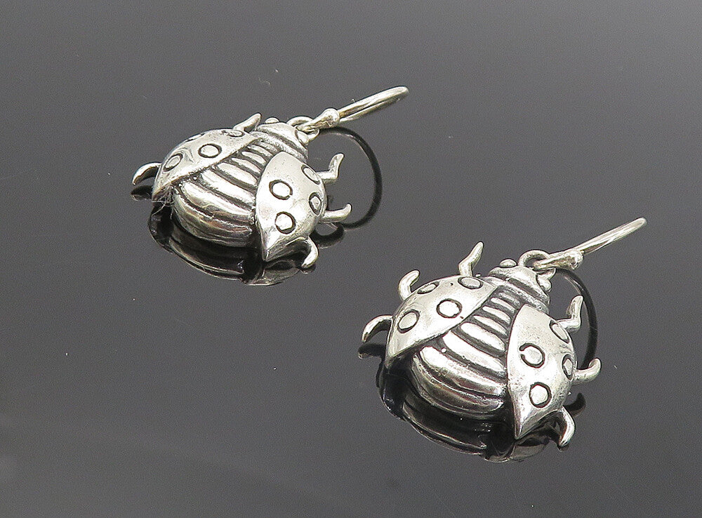 925 Sterling Silver  Vintage Shiny Etched Lady Bug Dangle Earrings  EG3508