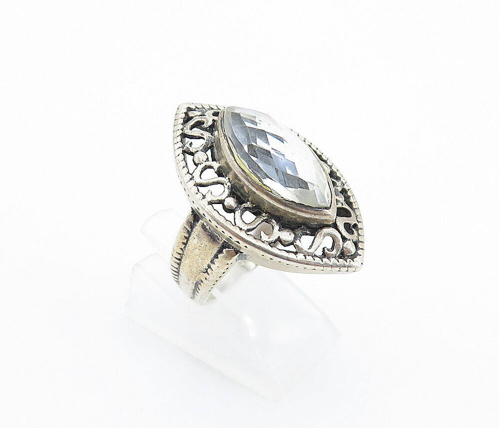 925 Sterling Silver  Vintage Marquise Cut Topaz Cocktail Ring Sz 7  RG7720