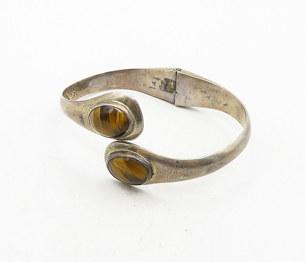 MEXICO 925 Silver Vintage Cabochon Tiger's Eye Bypass Cuff Bracelet BT1694
