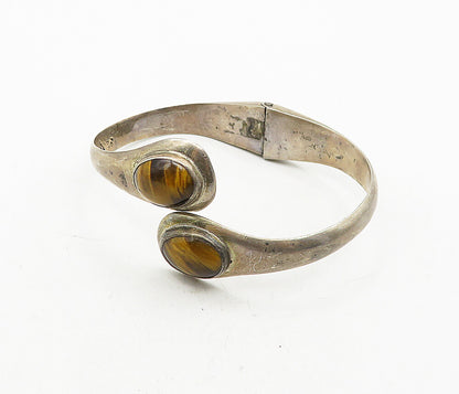 MEXICO 925 Silver Vintage Cabochon Tiger's Eye Bypass Cuff Bracelet BT1694